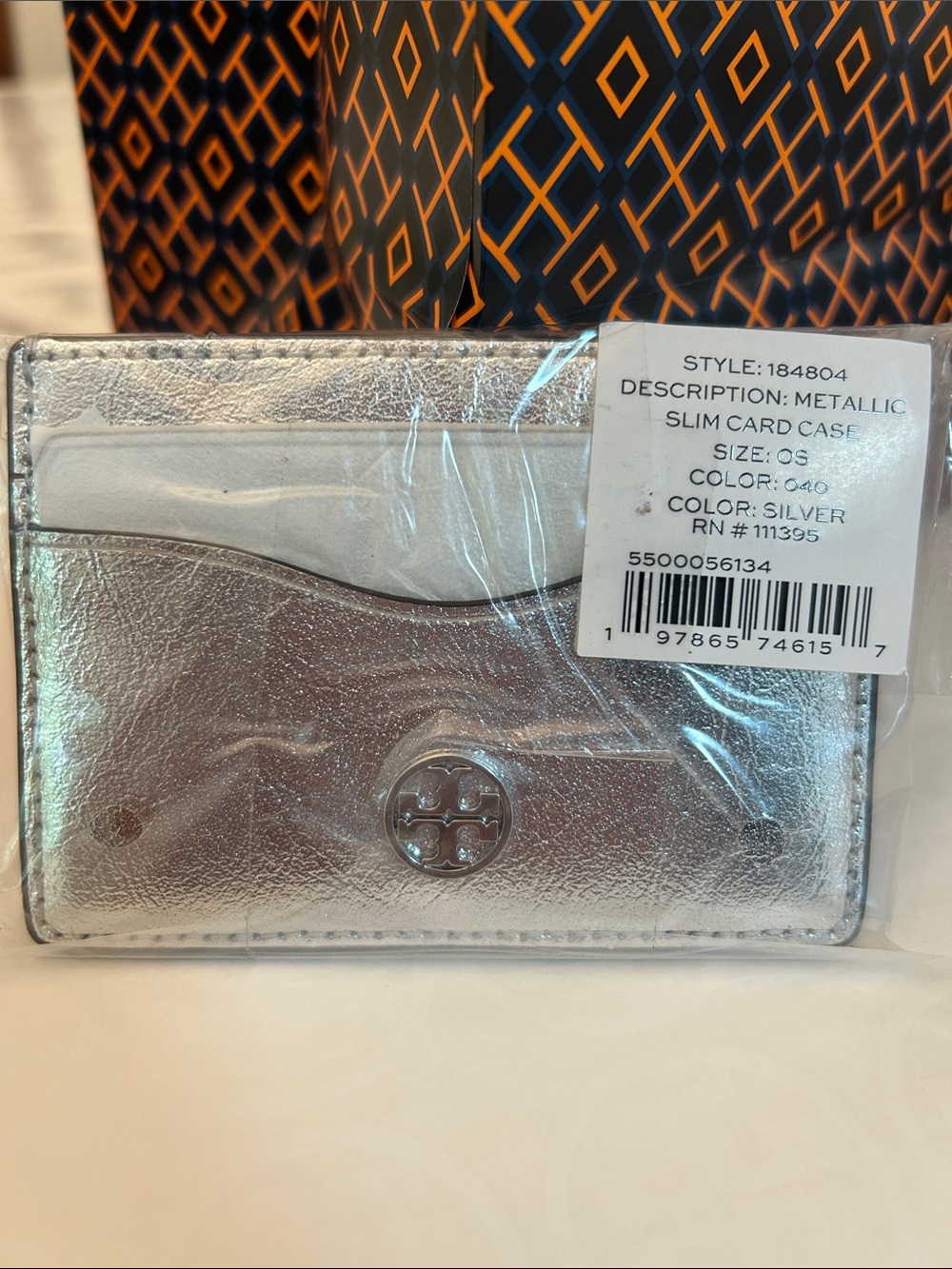 Tory Burch Silver Metallic Slim Card Case with Logo Detail BNWT